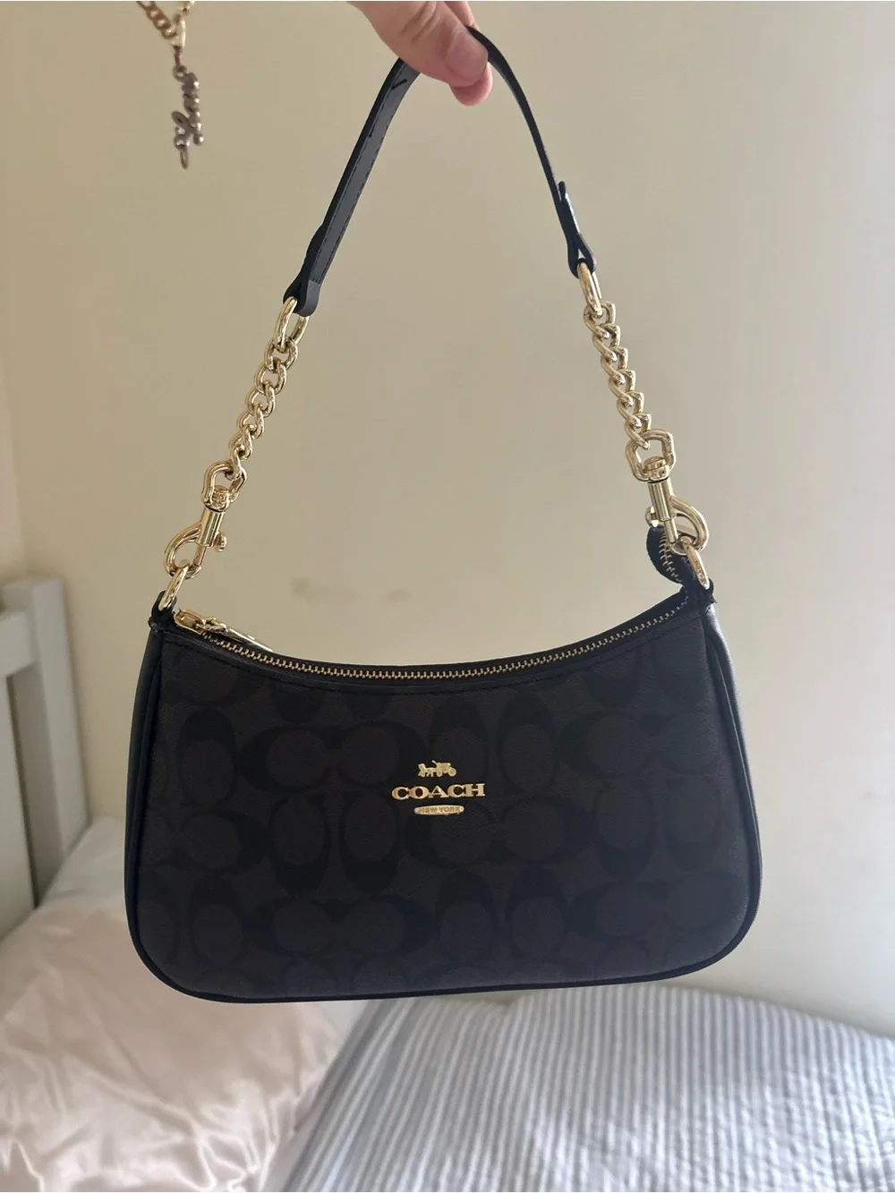 Coach Brown Signature Canvas Shoulder Bag with Gold Hardware